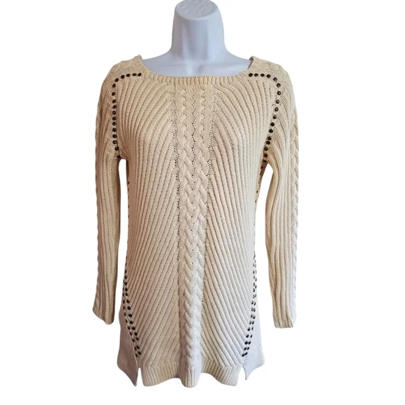 Zara Womens Medium Beige Cable Knit Sweater Studded Ribbed Preppy Boho Layering - Picture 2 of 8